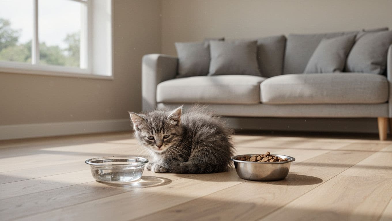 A single small fluffy grey tabby kitten looks weak and lethargic, curled up on a light wooden floor next to an untouched shallow water bowl and empty food bowl in a bright minimalist Scandinavian living room.