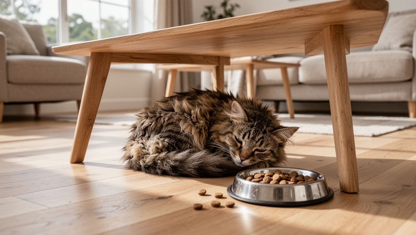 A single adult cat looks lethargic and isolated, curled up sleeping under minimalist wooden furniture in a bright Scandinavian living room, next to an untouched food bowl with kibble.