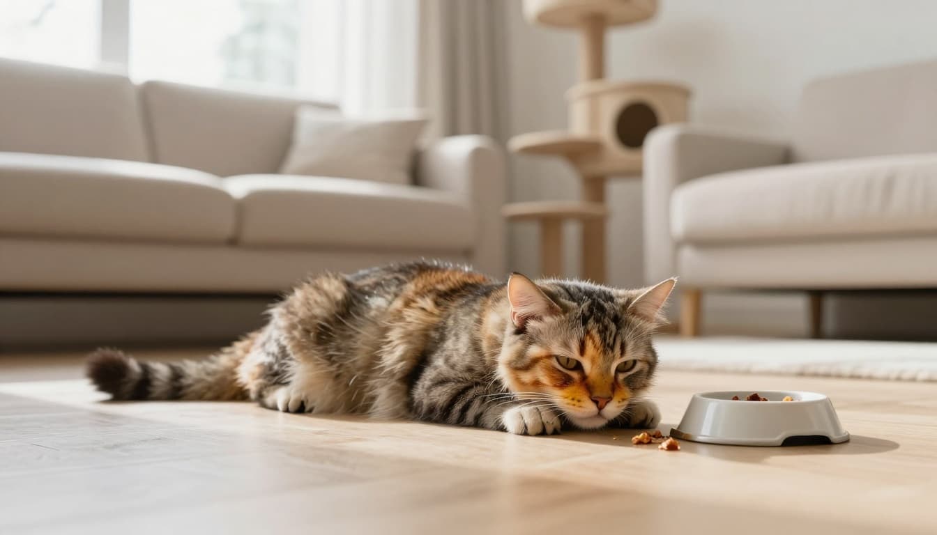 A lethargic cat with jaundice, yellow gums and eyes, lies weakly on a wooden floor near vomit and an ignored food bowl, showing end-stage illness signs in a bright Scandinavian living room.