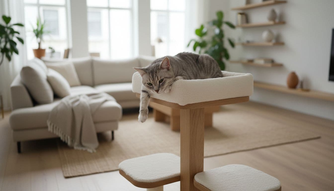 A light gray tabby cat lies listlessly on a premium wooden cat tree in a bright, cozy Scandinavian living room, showing subtle signs of illness like droopy posture and half-closed eyes.