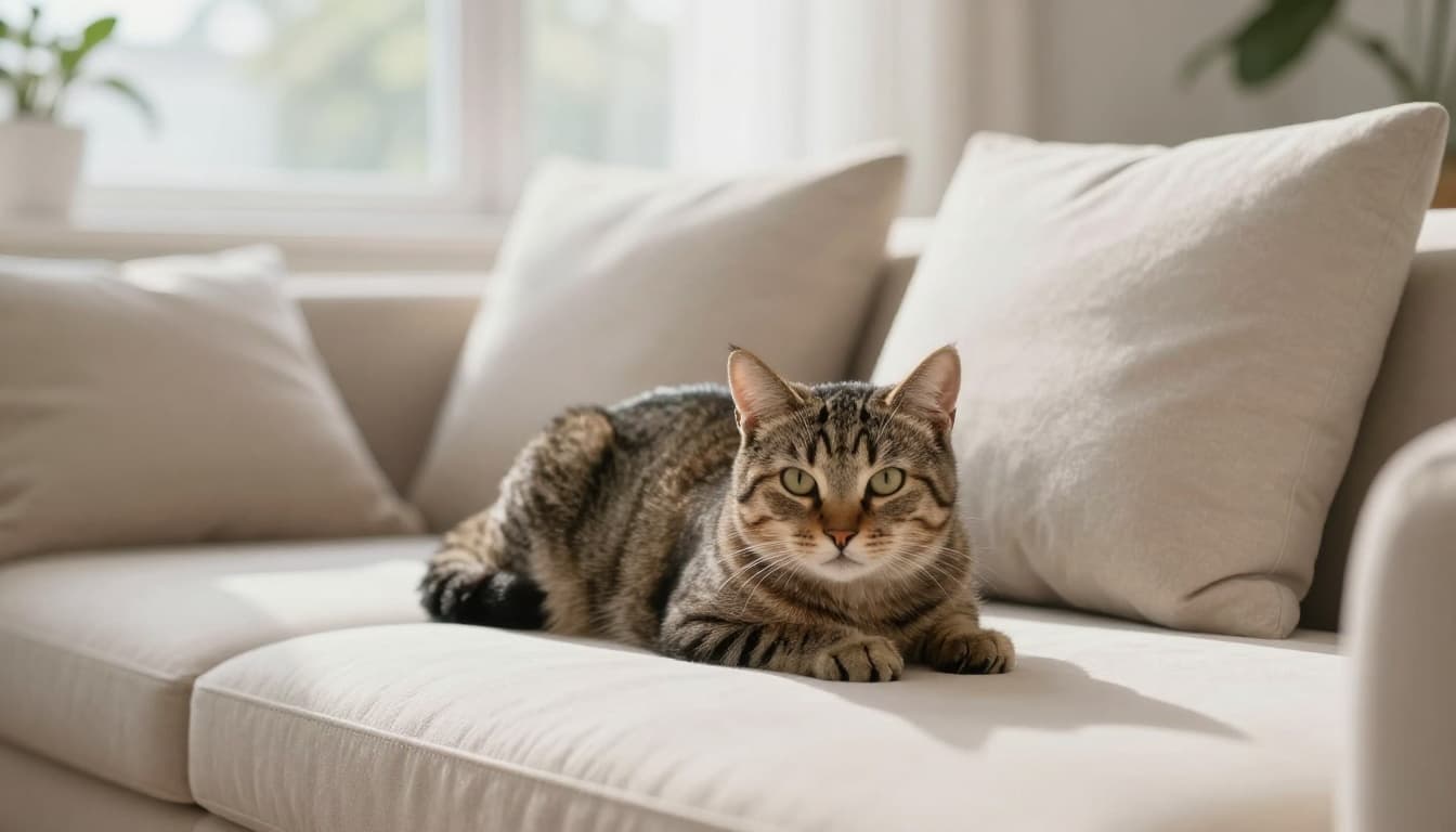An obese lethargic tabby cat with slight yellowish tint on gums and eyes lies weakly on light wooden floor in a bright minimalist Scandinavian living room with beige sofa, neutral tones, and soft natural light.