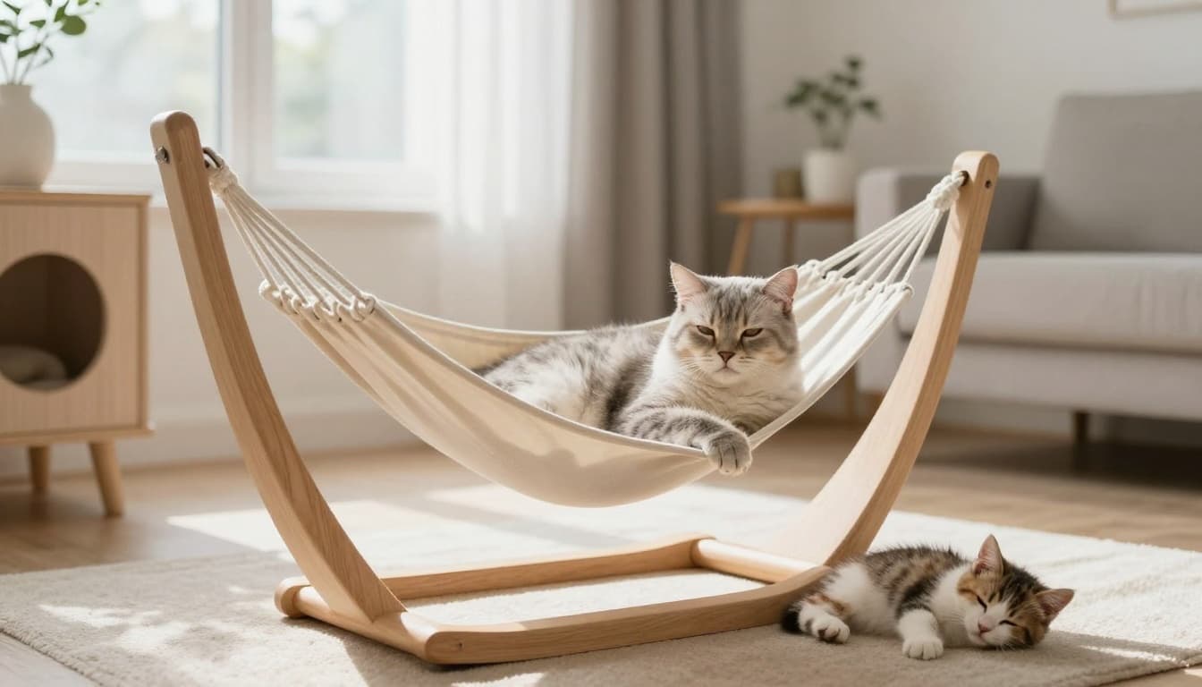 In a bright modern Scandinavian living room with minimalist decor, an elderly senior cat rests lethargically on a solid wood cat tree hammock, hunched with hinted heavy breathing, contrasted by a playful sleeping kitten nearby, emphasizing concern in a cozy elegant setting.