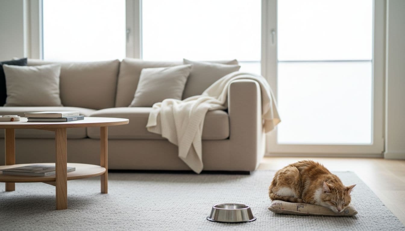 In a bright, minimalist Scandinavian living room, a lethargic senior tabby cat sleeps excessively in a quiet corner with an empty food bowl nearby, showing subtle signs of unkempt fur and isolation suggesting a need for veterinary attention.