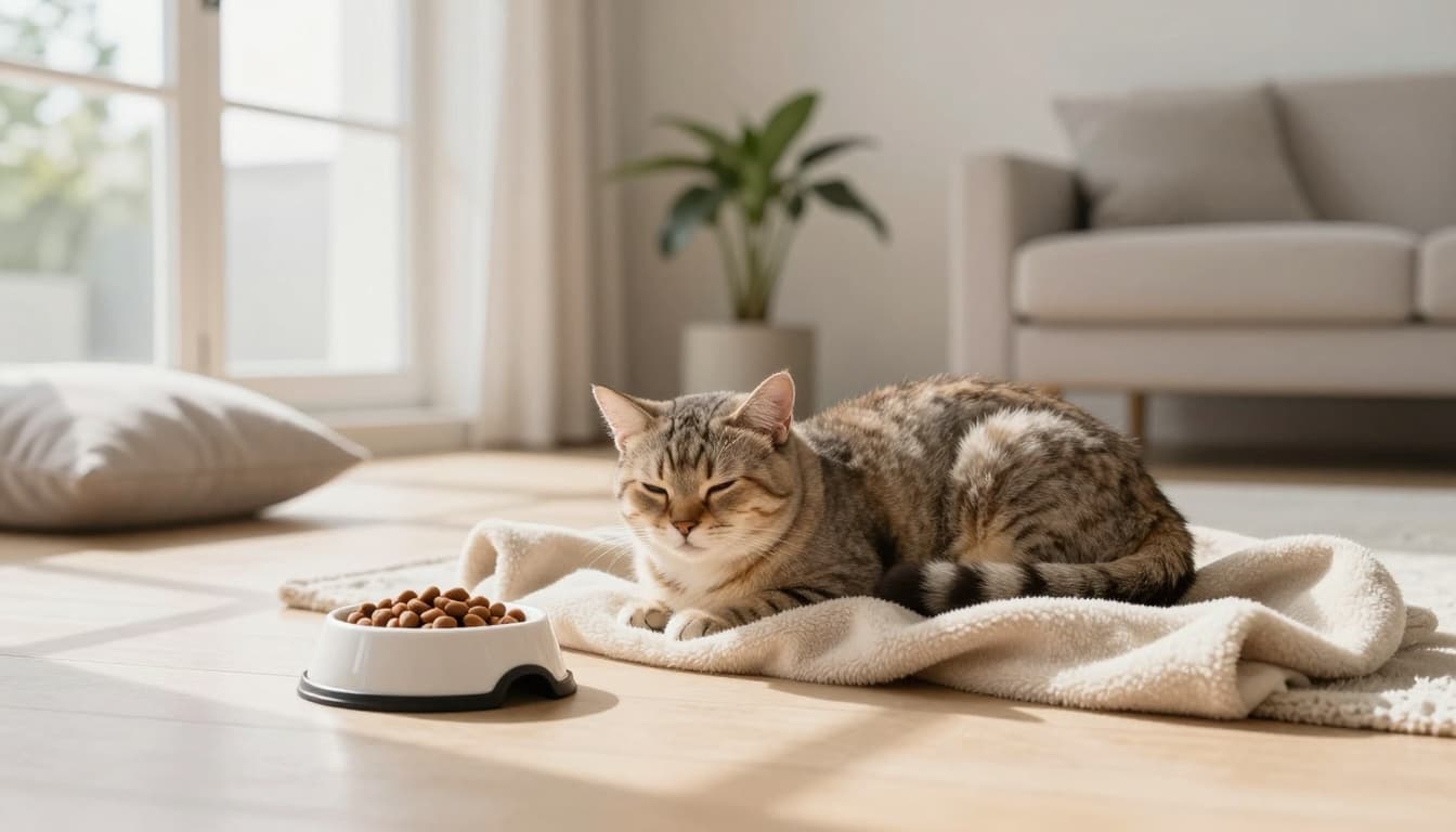 A domestic shorthair cat rests lethargically curled up on a soft beige blanket on a light wooden floor in a bright minimalist Scandinavian living room, with an untouched food bowl nearby emphasizing disinterest in eating.