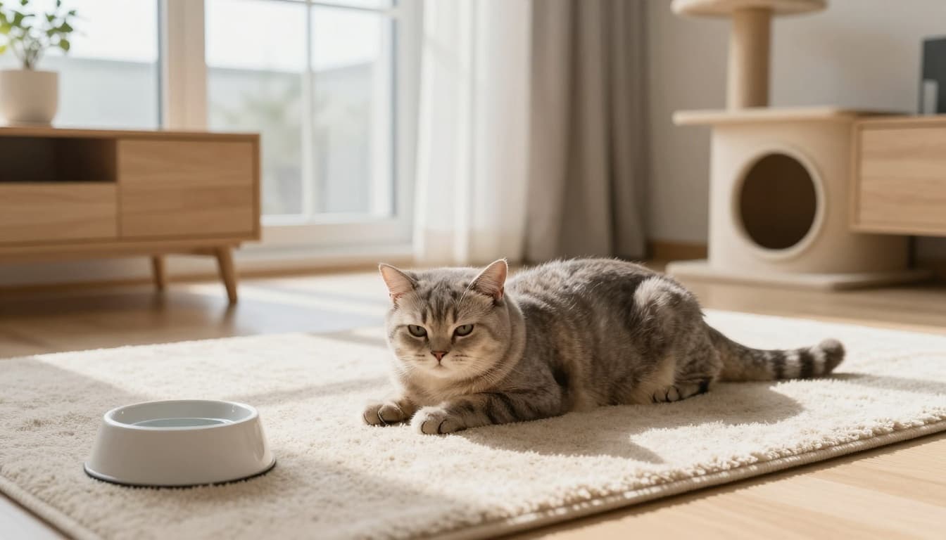 A lethargic domestic shorthair cat lies on a soft beige rug in a bright Scandinavian-style living room, showing signs of dehydration with sunken eyes and dull fur.