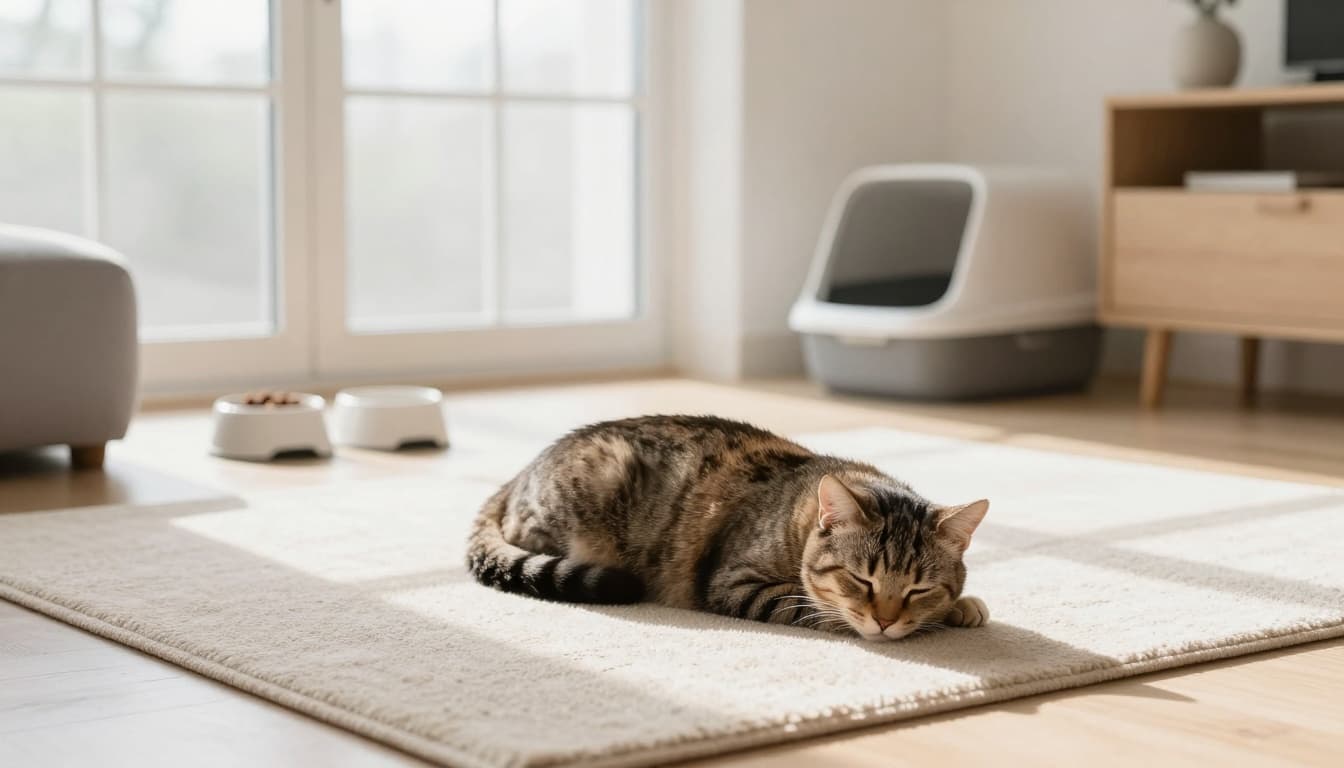 A domestic shorthair cat lies lethargically curled up on a light beige rug in a bright minimalist Scandinavian living room with natural light, empty food and water bowls, and an untouched litter box nearby.