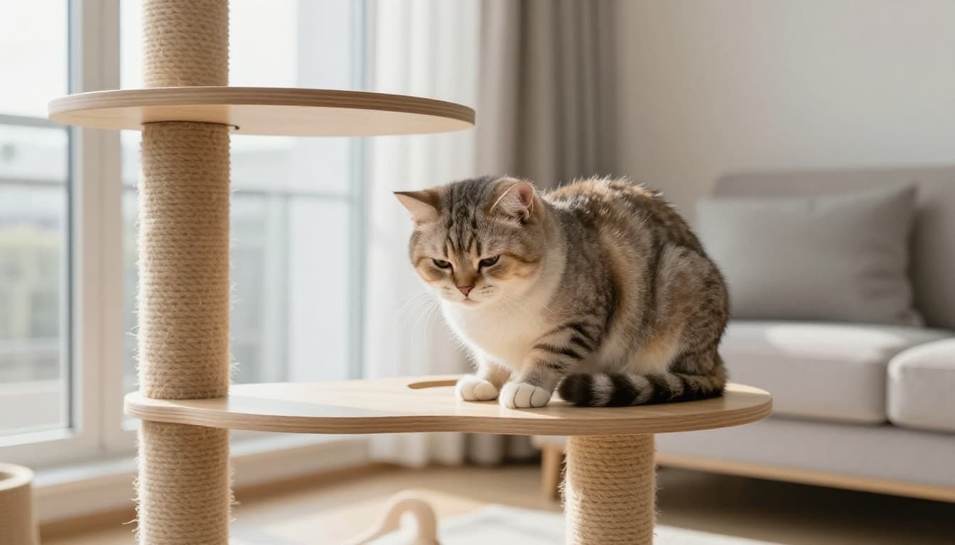 An elegant domestic cat displays signs of illness with trembling and lethargy, curled up on a premium wooden cat tree in a modern Scandinavian living room bathed in natural light.