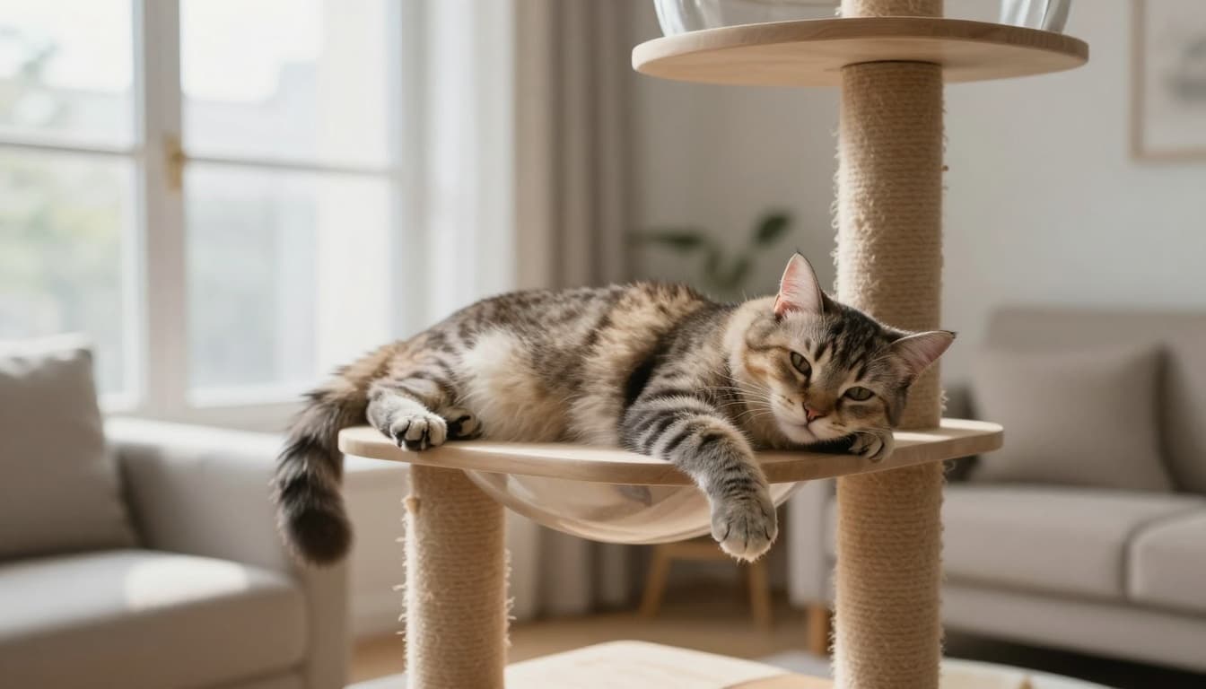 In a cozy Scandinavian living room with natural light and minimalist decor, a lethargic adult cat lies sprawled and unresponsive on a sturdy wooden cat tree perch, subtly evoking health concerns.