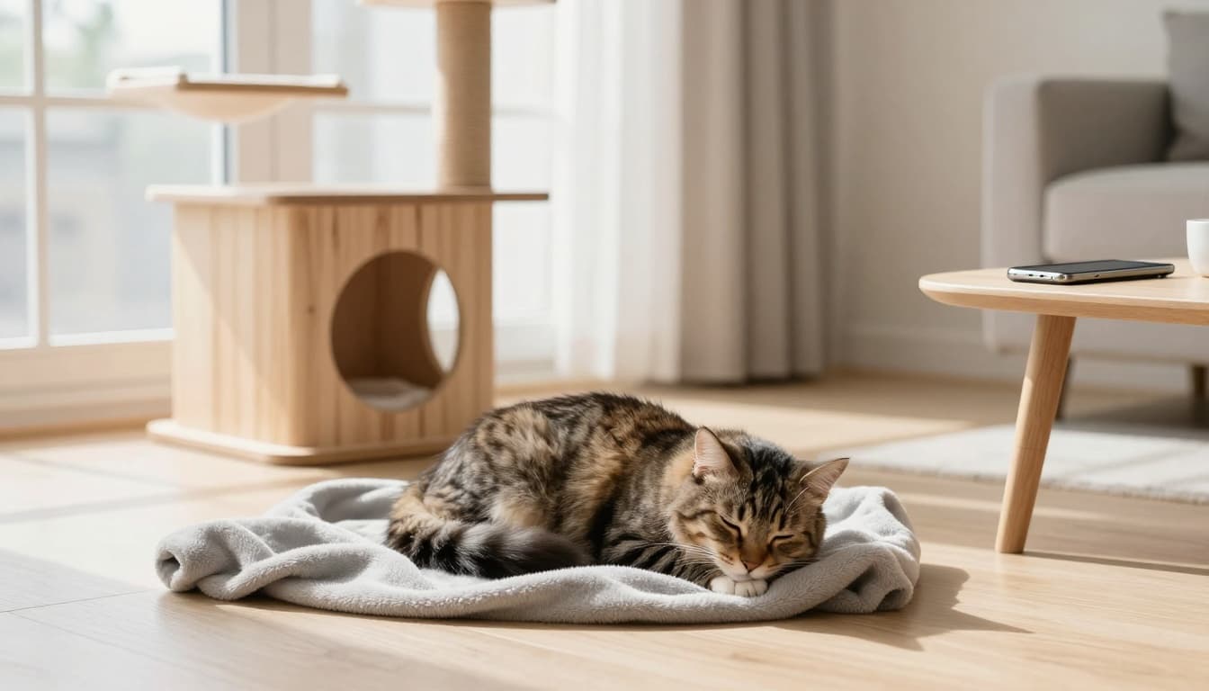 A lethargic fluffy tabby cat lies weakly curled up on a soft light grey blanket on the wooden floor in a bright Scandinavian minimalist living room, showing signs of illness with half-closed eyes and tucked paws.