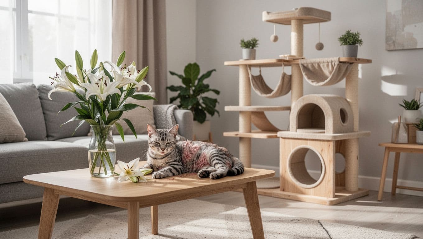 A single thin adult cat exhibits signs of intoxication or tumor with noticeable weight loss, lying lethargically beside toxic lilies on a light wood side table in a cozy modern Scandinavian living room featuring a Meowood cat tree.