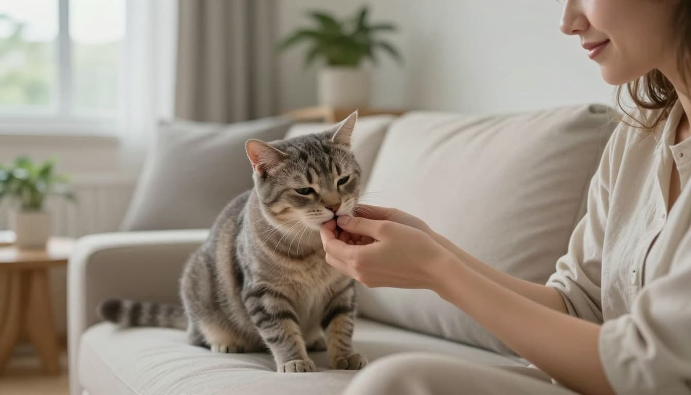 A light gray domestic cat affectionately nibbles the hand of a relaxed adult on a beige sofa in a bright, modern Scandinavian living room with natural light and minimalist decor.