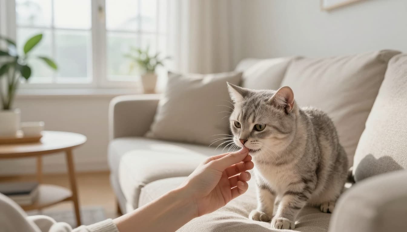 A soft light gray domestic cat affectionately nibbles the relaxed fingers of an adult's hand during a gentle petting moment on a plush beige linen sofa in a bright modern Scandinavian living room.