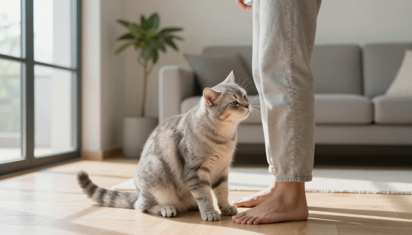 A light gray domestic shorthair cat affectionately rubs its face, cheeks, and body against a casually dressed person's lower legs in a modern minimalist Scandinavian living room bathed in bright natural light.