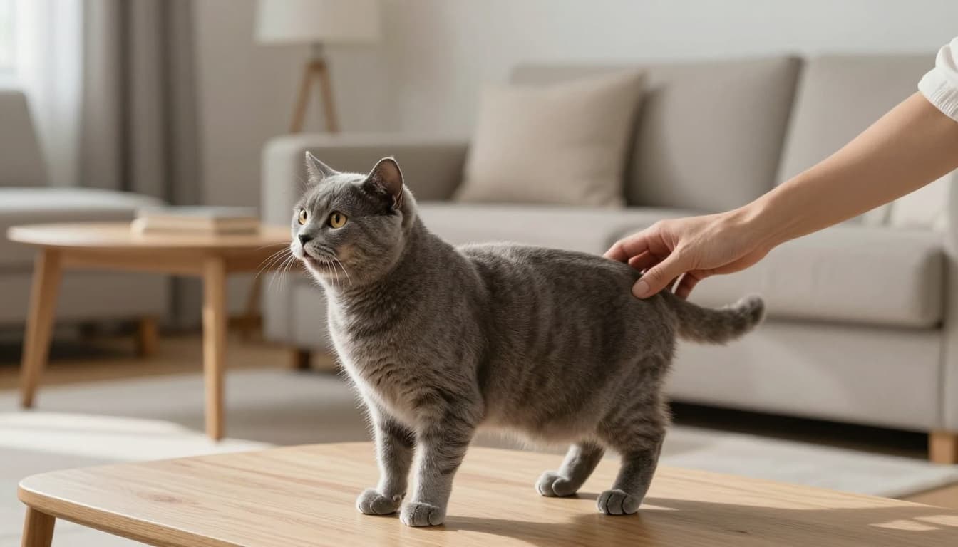A light gray domestic cat raises its rear towards the owner's hand petting the base of its tail in a modern minimalist Scandinavian living room with natural light and neutral tones. The cat purrs visibly, rubs its head against the hand, and holds its tail straight up like an exclamation point.