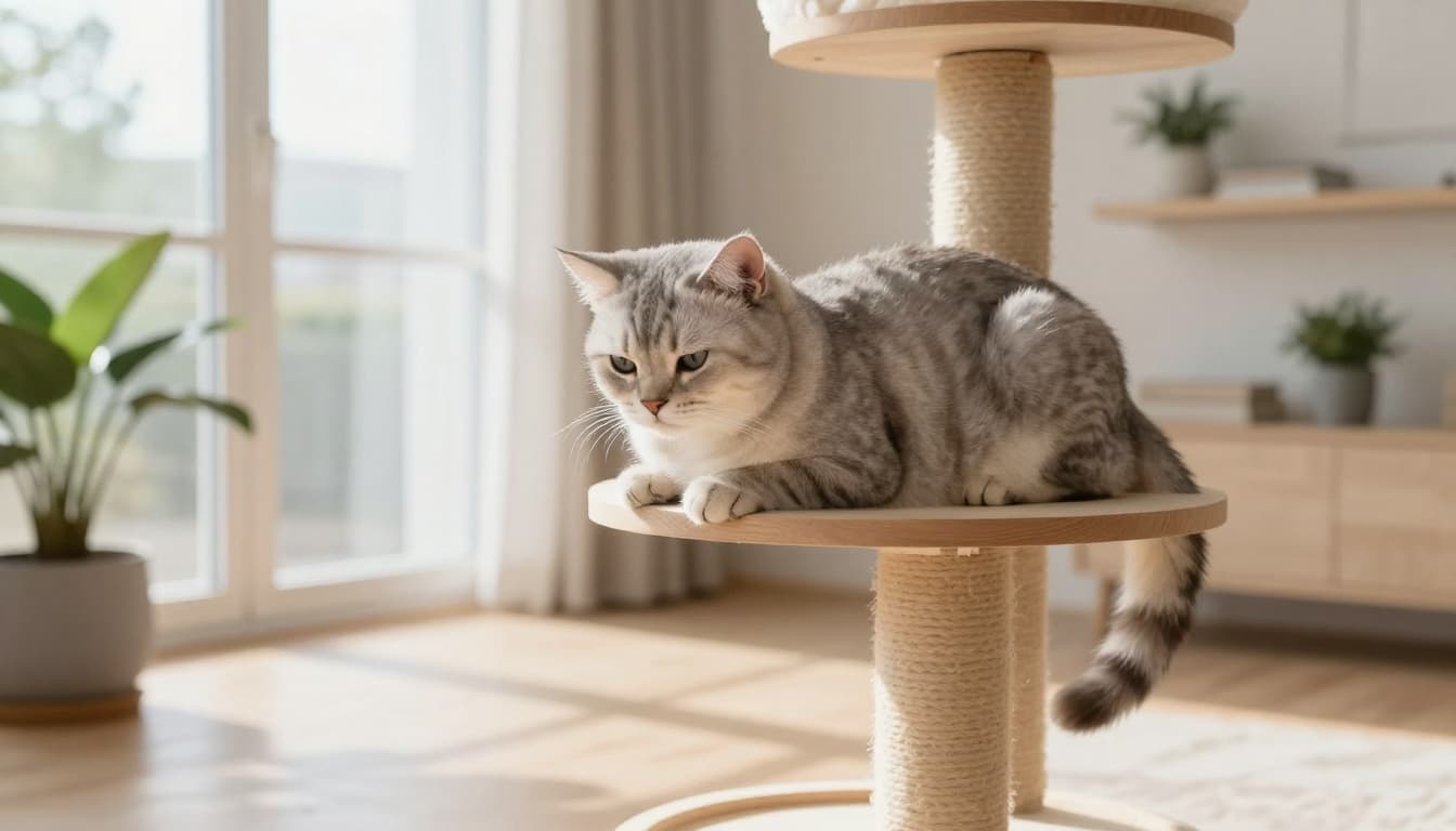 A light gray tabby cat with a slightly hunched posture and withdrawn expression rests on a sturdy wooden cat tree in a bright Scandinavian living room with minimalist decor and natural sunlight.