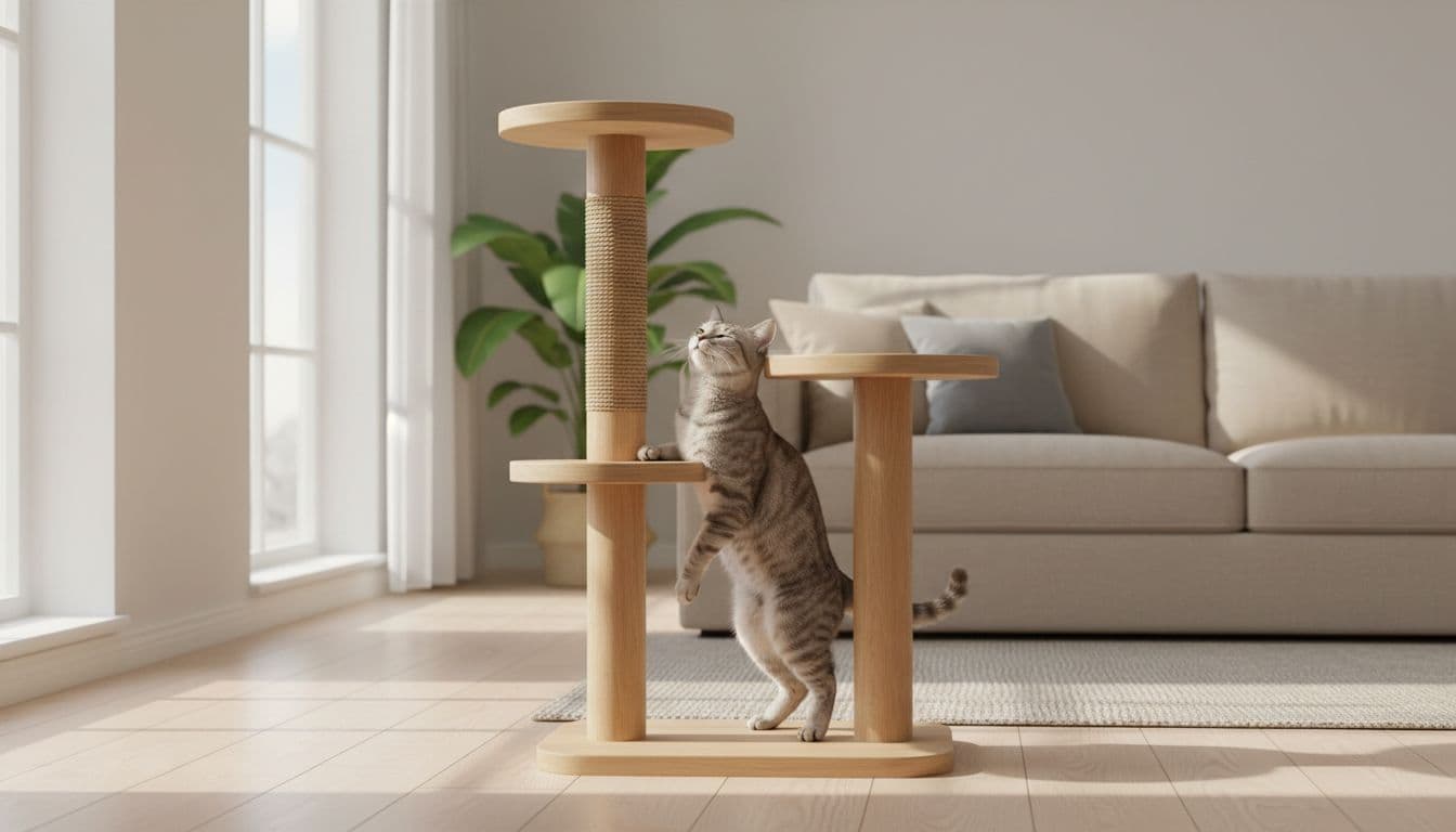 A light gray tabby female cat rubs gently against a premium wooden cat tree in a bright modern Scandinavian living room with natural light and minimalist decor.