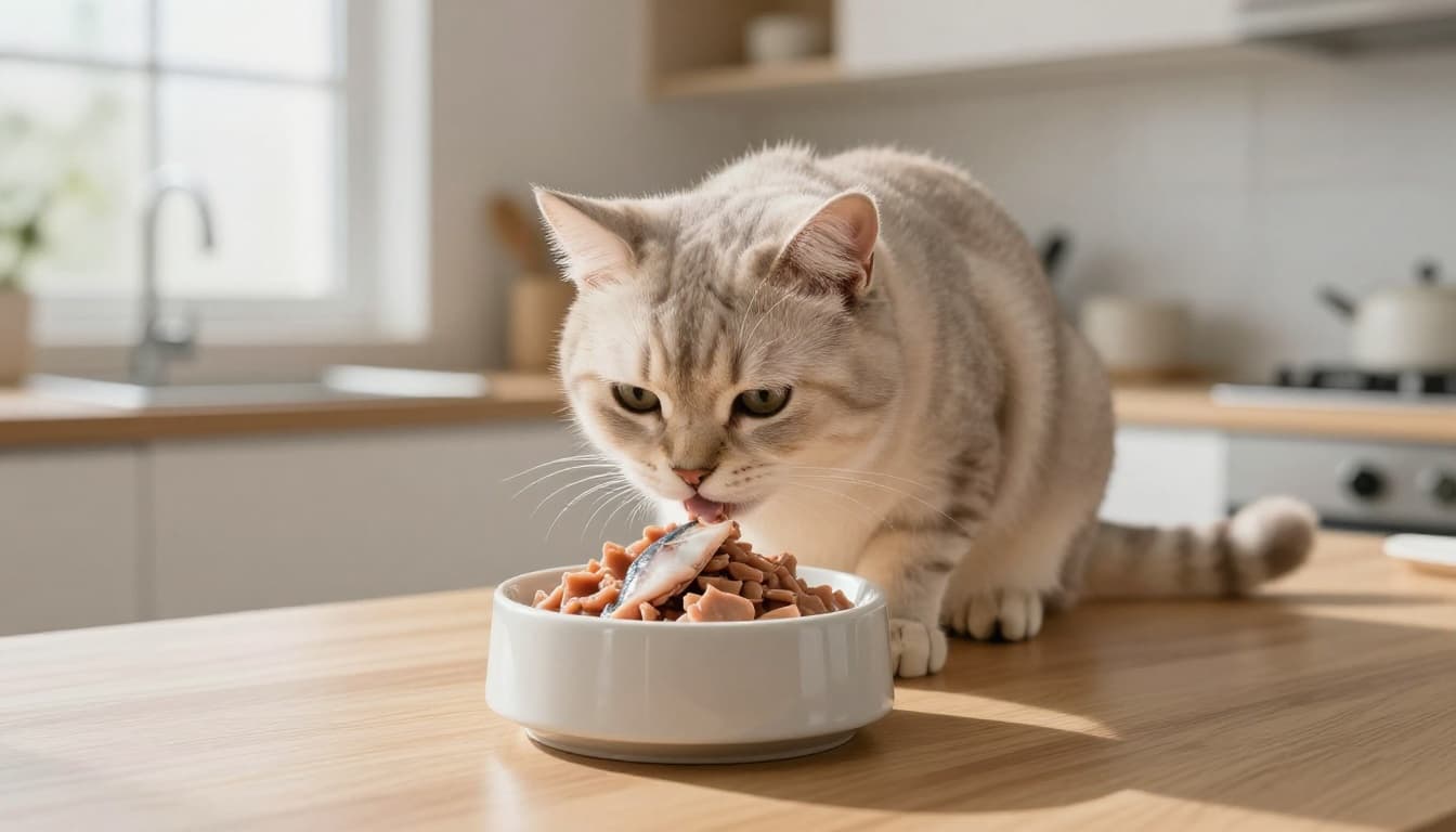 A light-furred domestic shorthair cat enjoys high-quality wet cat food from a modern ceramic bowl on a light wooden counter in a bright Scandinavian-style kitchen.