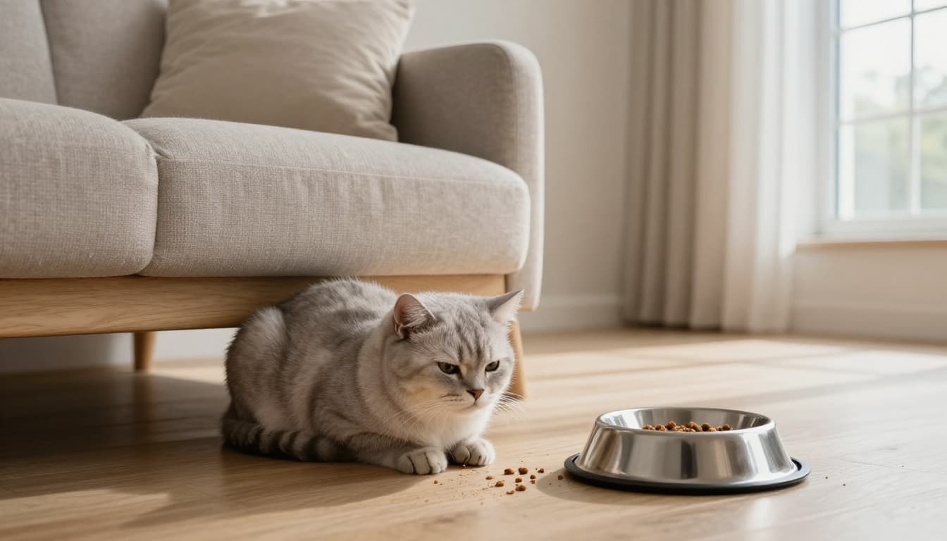 A soft light grey domestic cat shows unhappiness and isolation, curled tightly under a light wood sofa in a cozy modern Scandinavian living room with untouched kibble nearby.