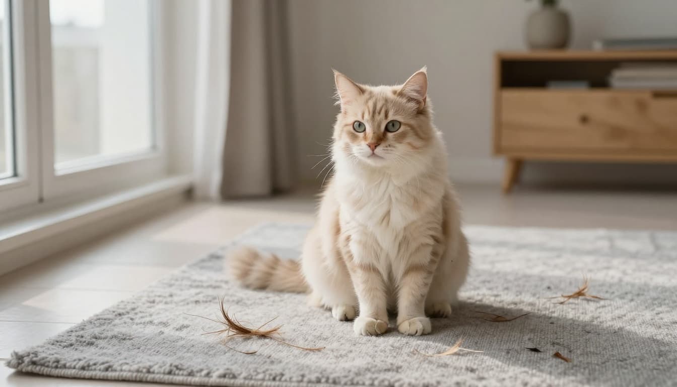 A long-haired cat shedding its undercoat sits comfortably on a light gray rug in a bright, minimalist Scandinavian living room with natural light from a window. Visible fur and dander on the beige floor, cozy atmosphere with light wood furniture and soft shadows.