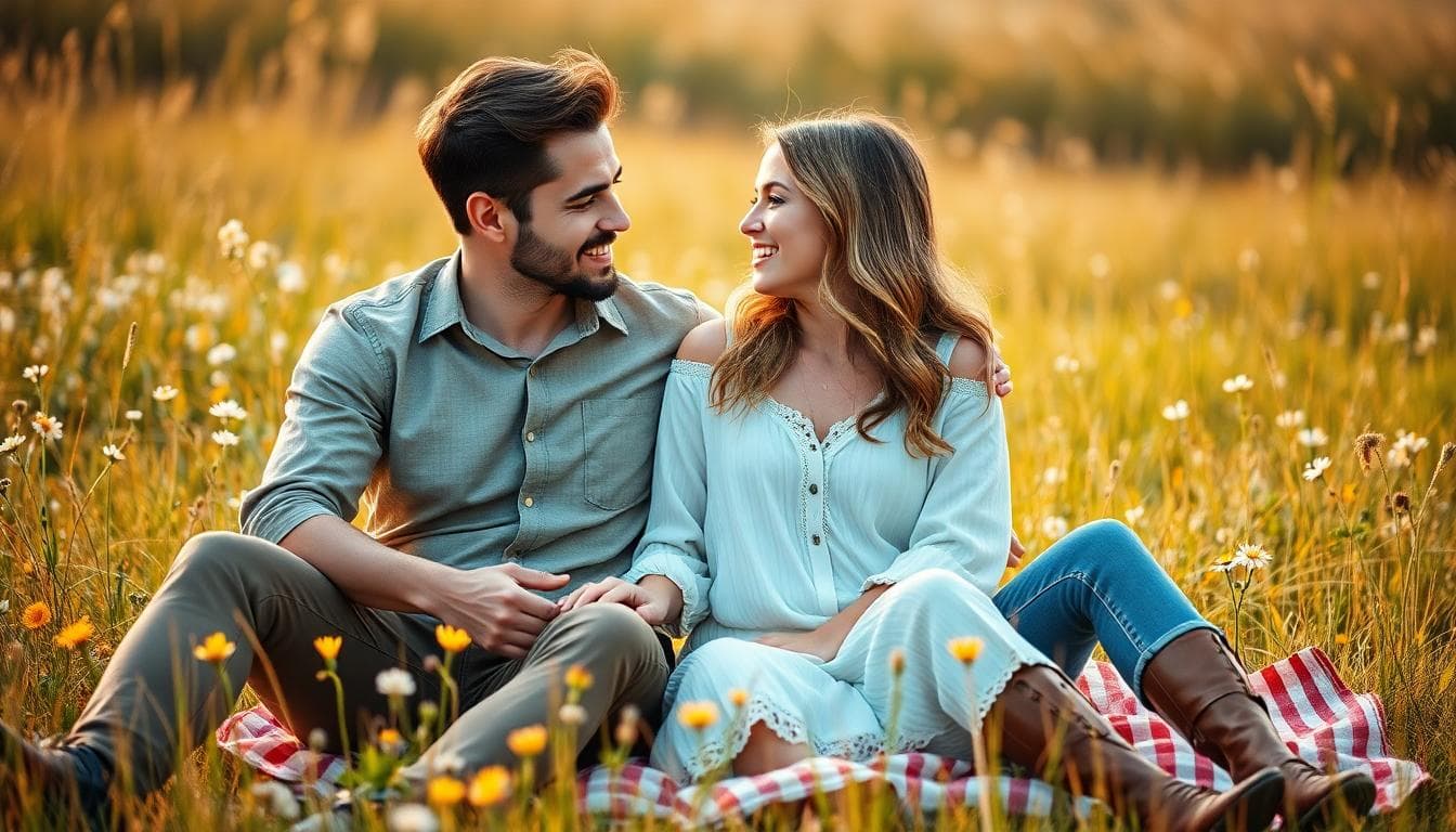 Couple bohème assis sur une couverture au soleil, échange serein et complice