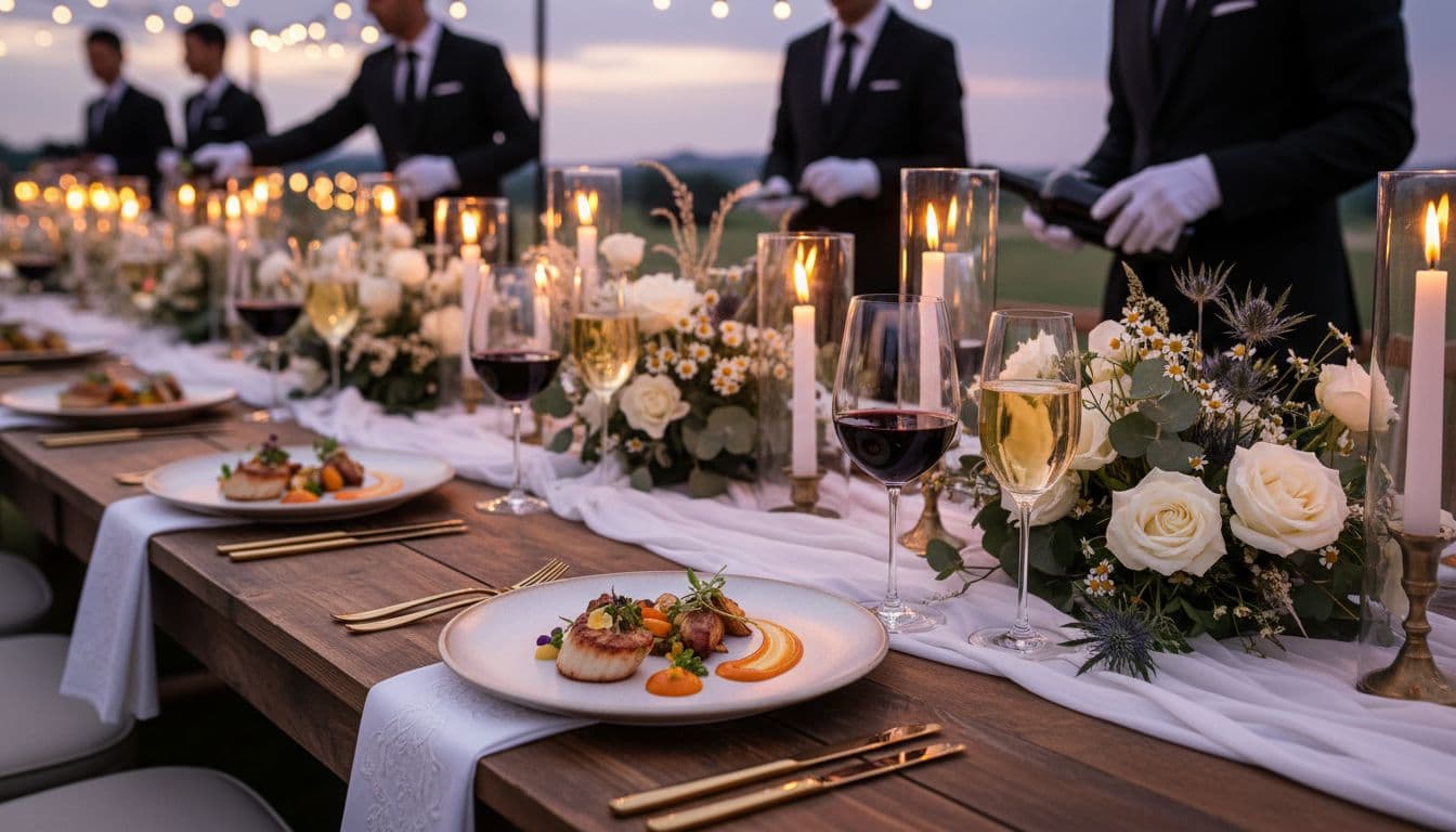 Réception gastronomique bohème chic en extérieur, table élégante avec dressage artistique et vins premium, ambiance au crépuscule