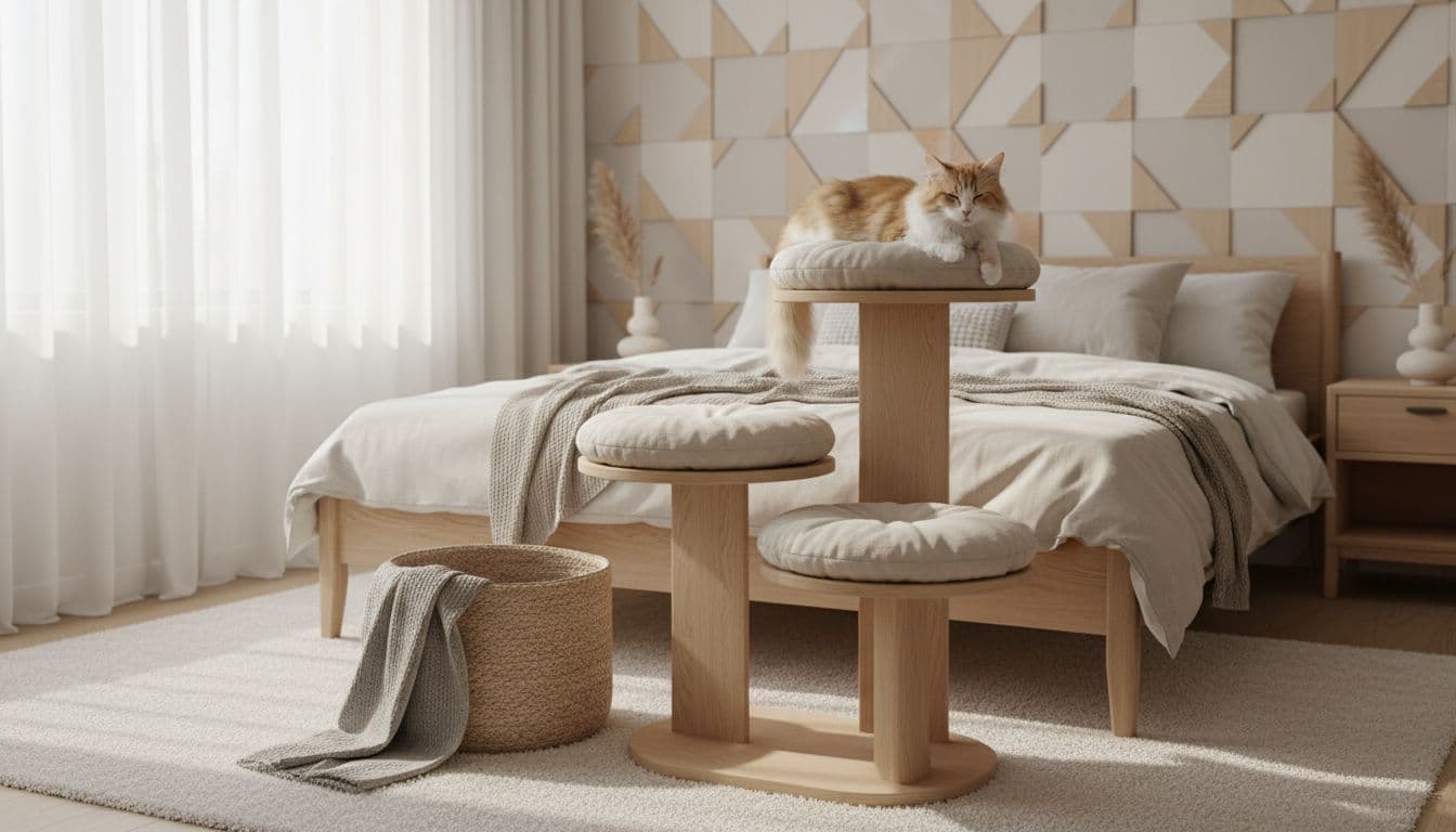 Premium lifestyle photo of a sleek designer cat tree in light oak in a bright minimalist Scandinavian bedroom with neutral tones, natural light, and a relaxed cat lounging on the platform.