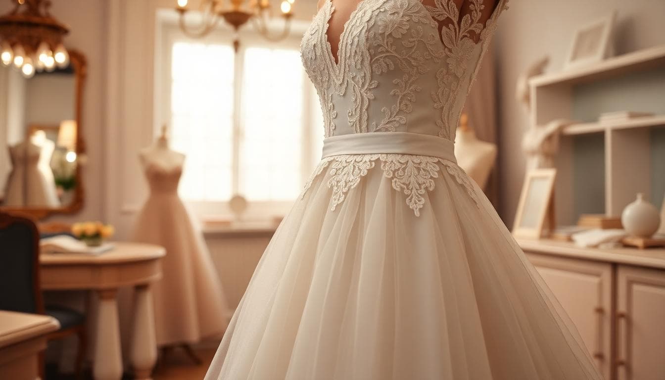 Robe de mariée de luxe en dentelle et tulle dans un atelier, mise en scène des matières et du volume