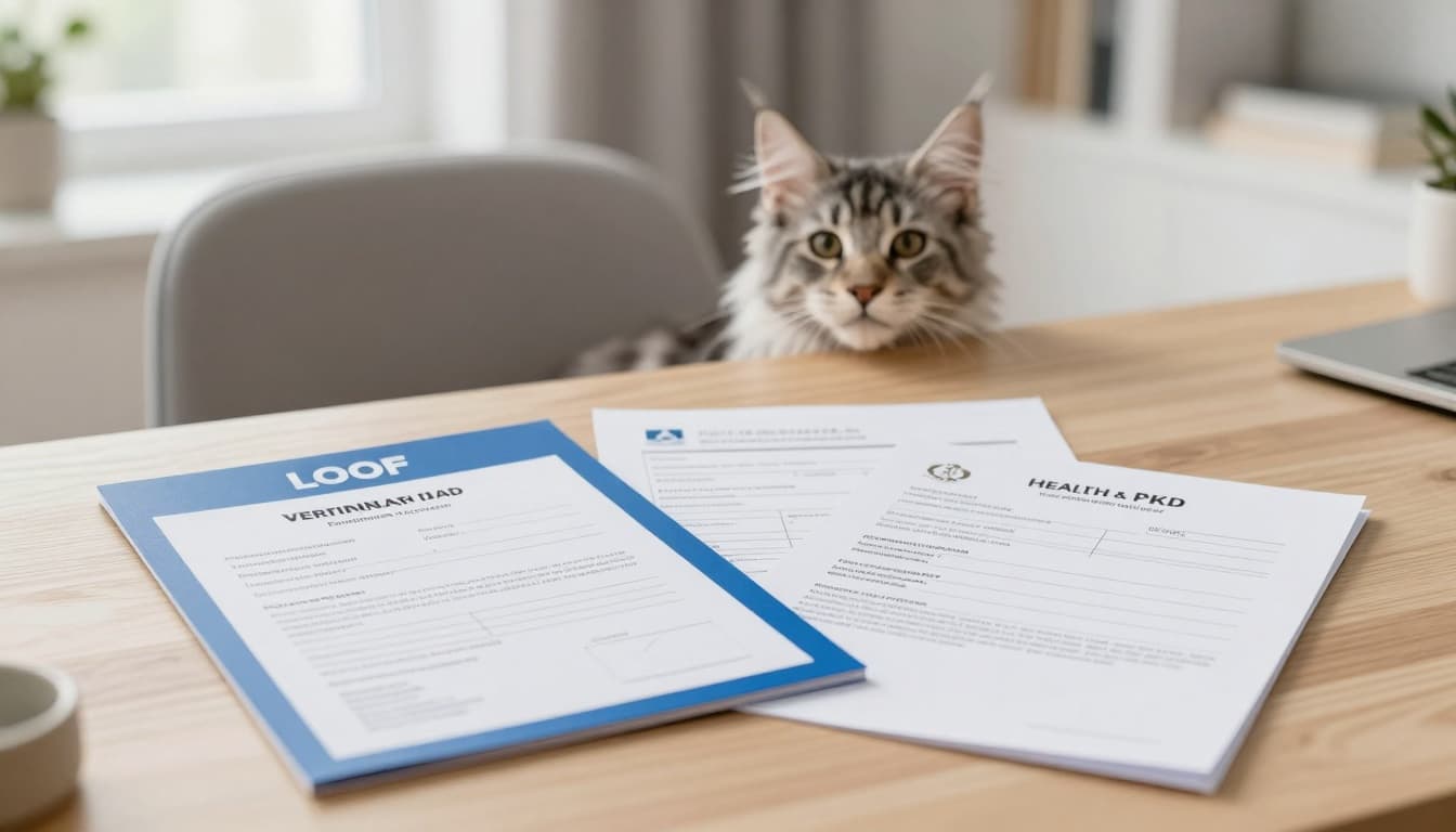 Close-up of essential documents for adopting a Maine Coon—including LOOF pedigree paper, veterinary certificate, vaccination booklet, and HCM/PKD health tests—neatly arranged on a light wooden desk in a modern Scandinavian home office. A playful Maine Coon kitten peeks from behind a grey chair in the softly blurred background, with bright natural light and cozy minimalist decor.