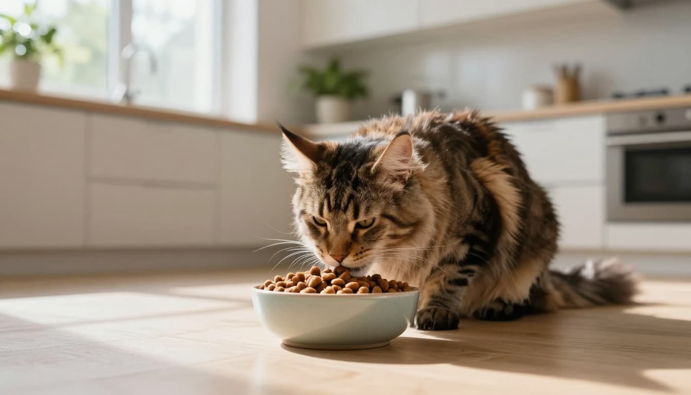 A majestic adult Maine Coon cat with fluffy tabby fur eats from a large ceramic bowl filled with premium dry kibble on a light wooden kitchen floor in a bright Scandinavian kitchen with natural daylight and minimalist decor.