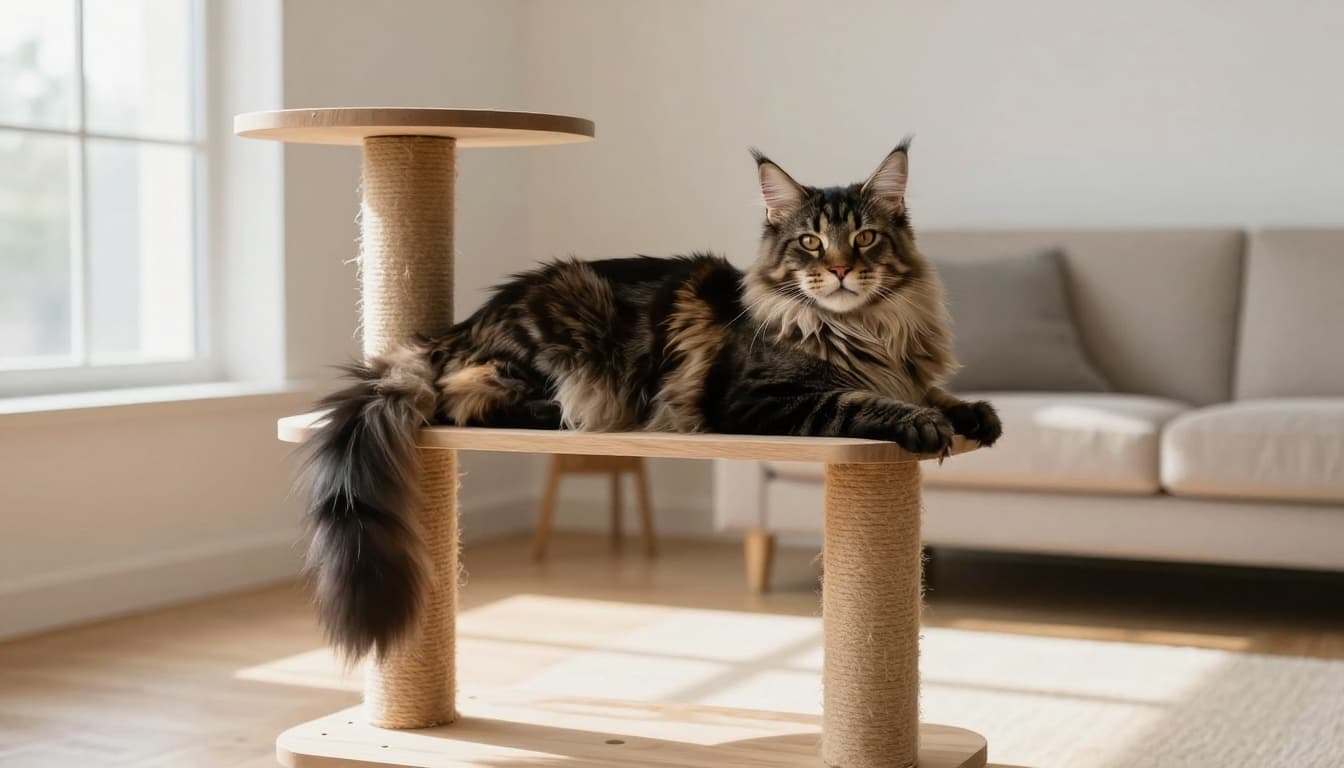 A large adult Maine Coon cat with fluffy tabby fur relaxes on a sturdy wooden cat tree in a modern Scandinavian living room with natural daylight and minimalist decor.