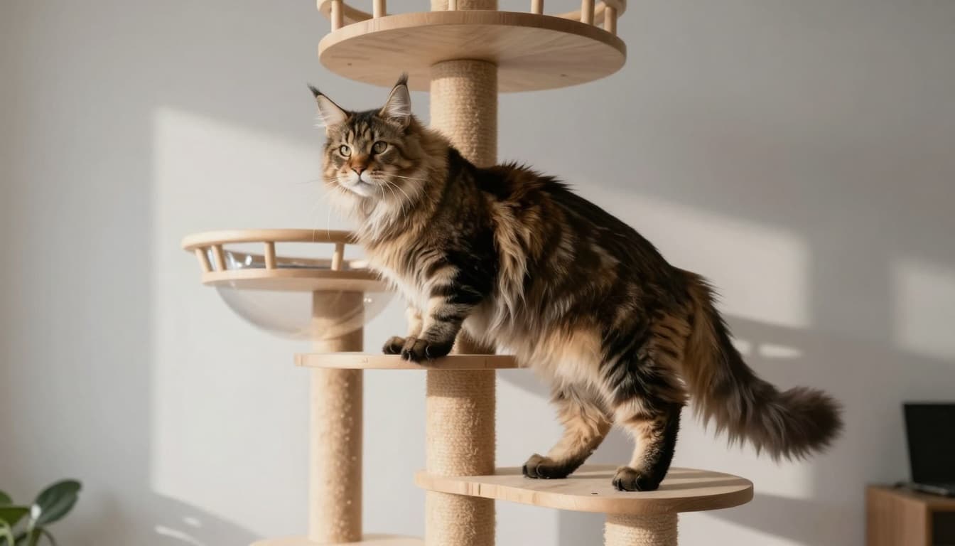 A large Maine Coon cat climbs confidently on a tall, stable wooden cat tree designed for big breeds in a modern Scandinavian interior with soft natural light and neutral tones.