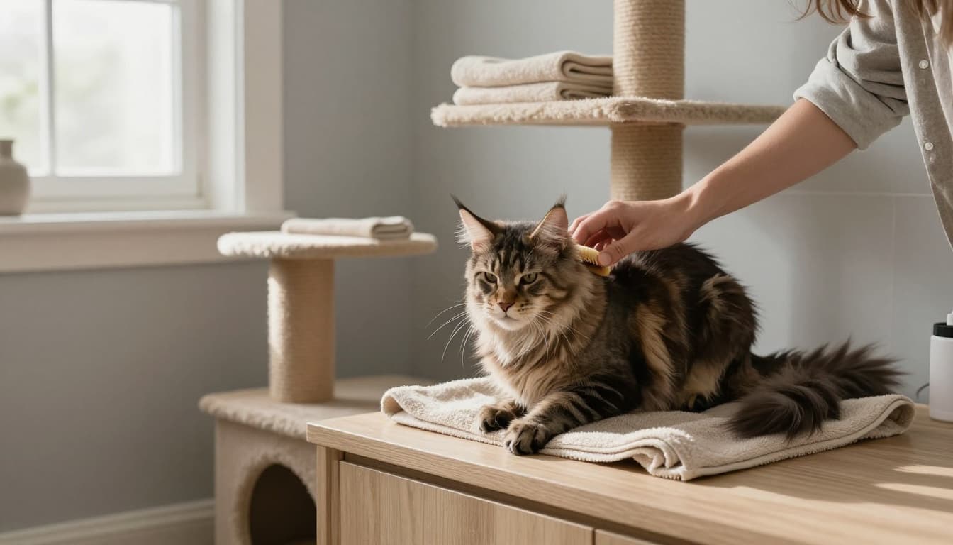 An owner gently brushes a relaxed Maine Coon cat on a soft towel in a cozy Scandinavian bathroom, carefully handling paws with a premium cat tree nearby. Warm natural light enhances the minimalist decor, creating a calm, trusting interaction in premium lifestyle photography style.