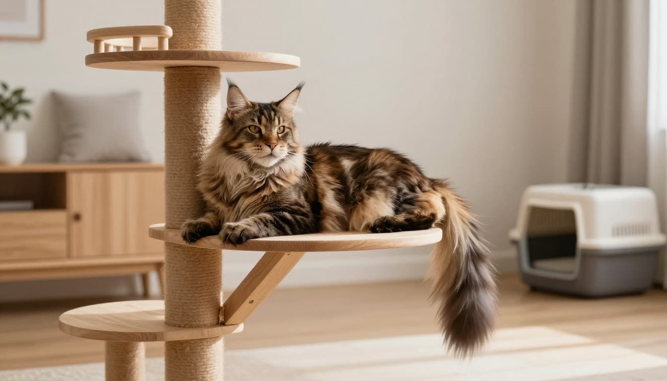 A large adult Maine Coon cat lounges confidently on a sturdy wooden XXL cat tree in a modern Scandinavian living room with bright natural daylight and minimalist decor.
