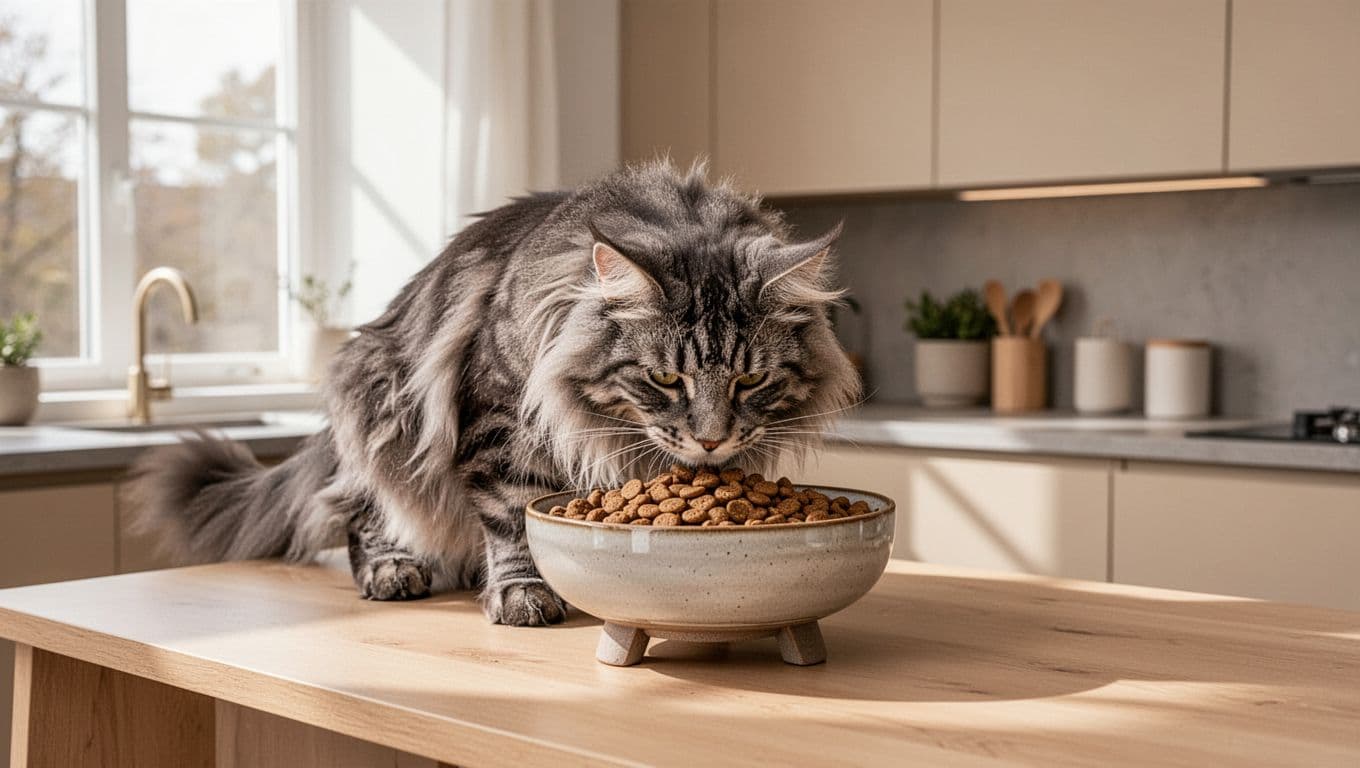 Exactly one majestic adult Maine Coon cat with long fluffy grey tabby fur and large paws eats calmly from a large elevated ceramic bowl filled with premium kibble on a light wooden kitchen island in a bright Scandinavian kitchen with natural light and minimalist decor.
