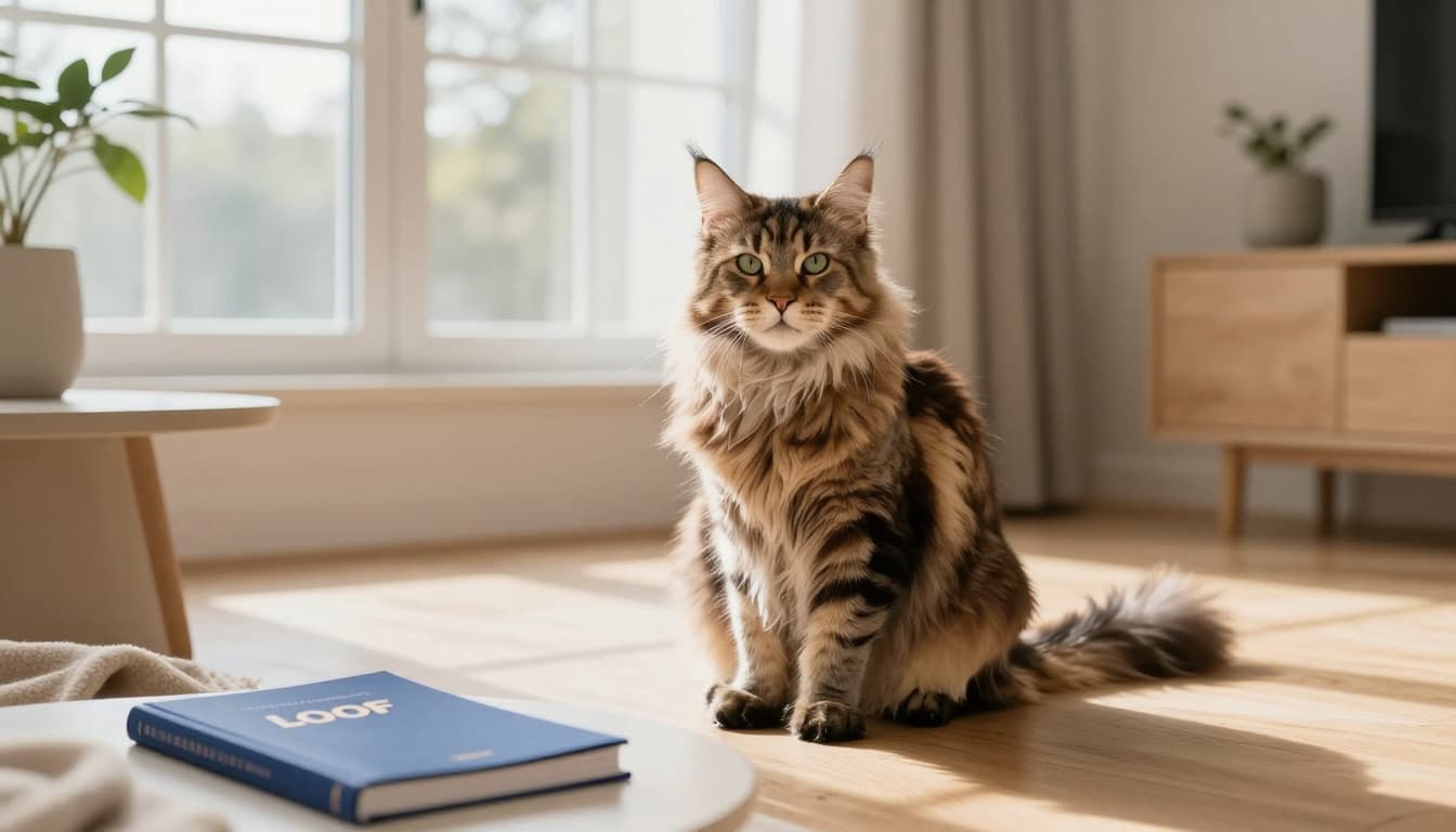 A majestic adult Maine Coon cat with long fluffy brown tabby fur and expressive green eyes sits calmly on a light oak floor in a bright Scandinavian living room, with a blurred blue LOOF pedigree booklet on a nearby side table.
