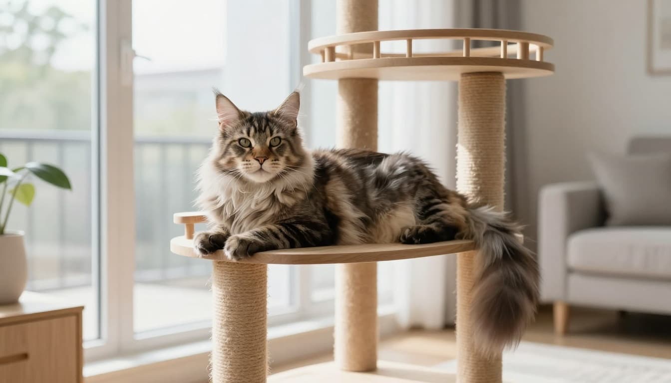 A majestic Maine Coon cat lounges elegantly on a premium wooden cat tree in a bright Scandinavian living room. Abundant natural light highlights the cat's fluffy fur and minimalist decor in neutral tones.