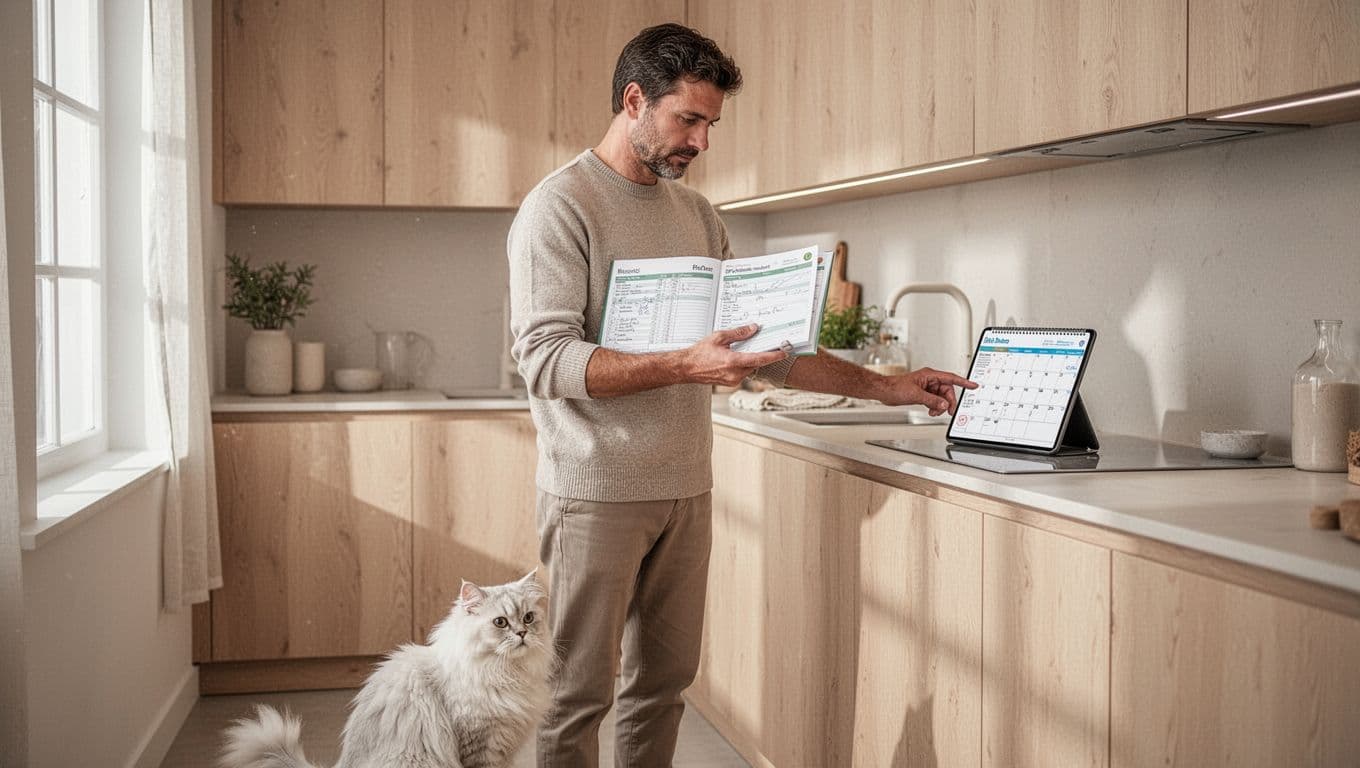 An adult man in neutral clothes stands in a cozy modern Scandinavian kitchen, holding an open cat health record booklet while checking the calendar on his propped-up phone. A fluffy white cat sits nearby on the floor, watching attentively.