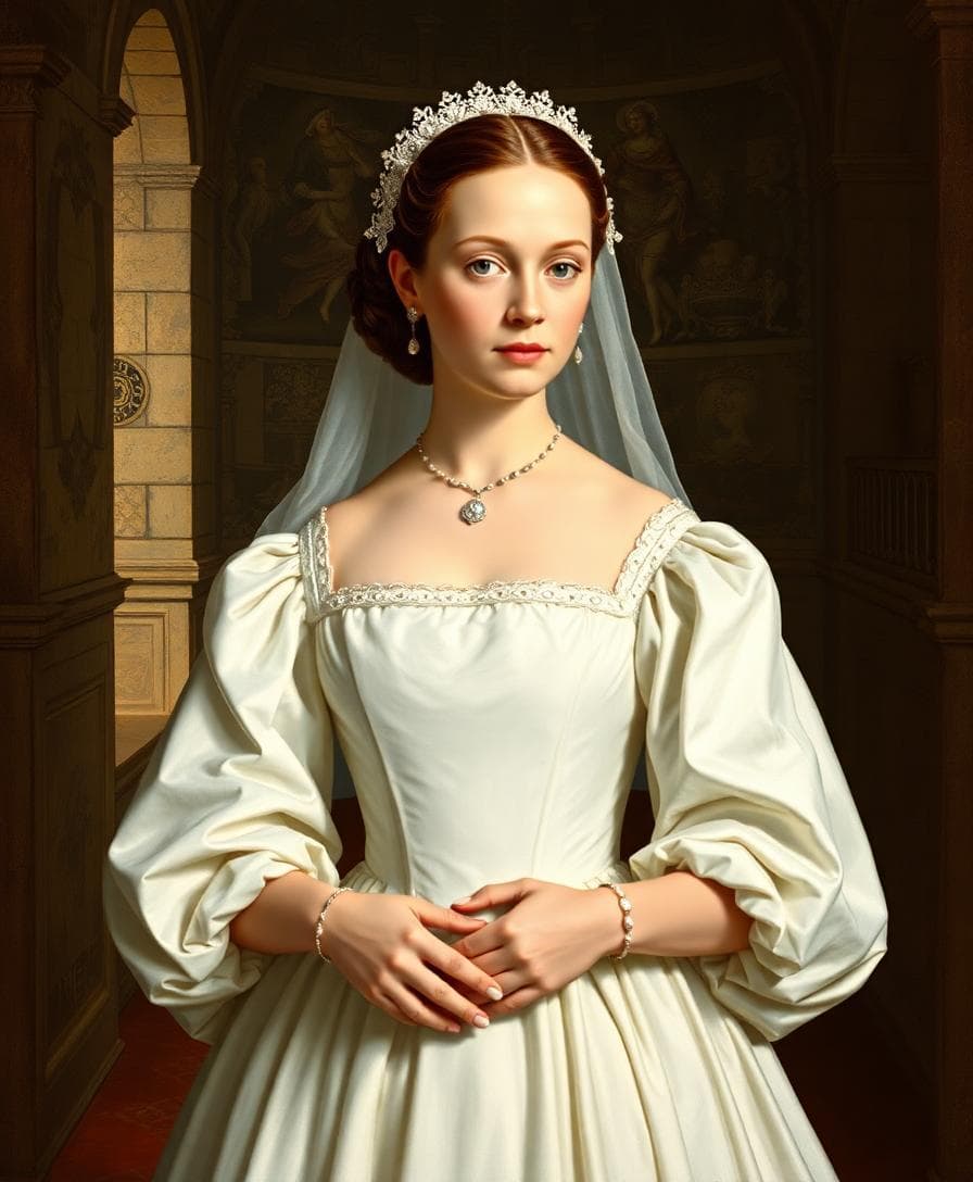Portrait historique de Marie Stuart en robe de mariée blanche, ambiance château écossais, style peinture Renaissance. Image créée avec l’IA
