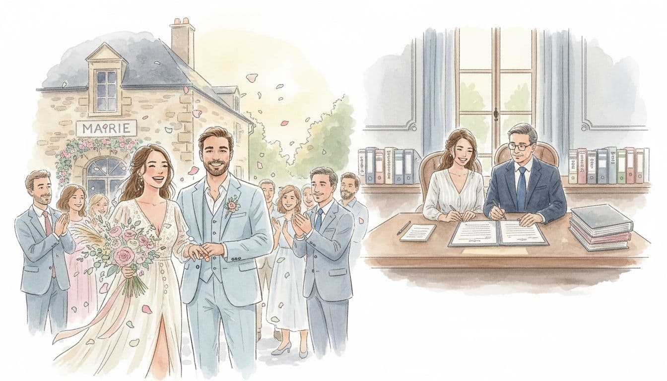 Illustration douce montrant un couple devant la mairie et, en arrière-plan, une signature chez le notaire, pour visualiser la différence entre acte de mariage et contrat de mariage.