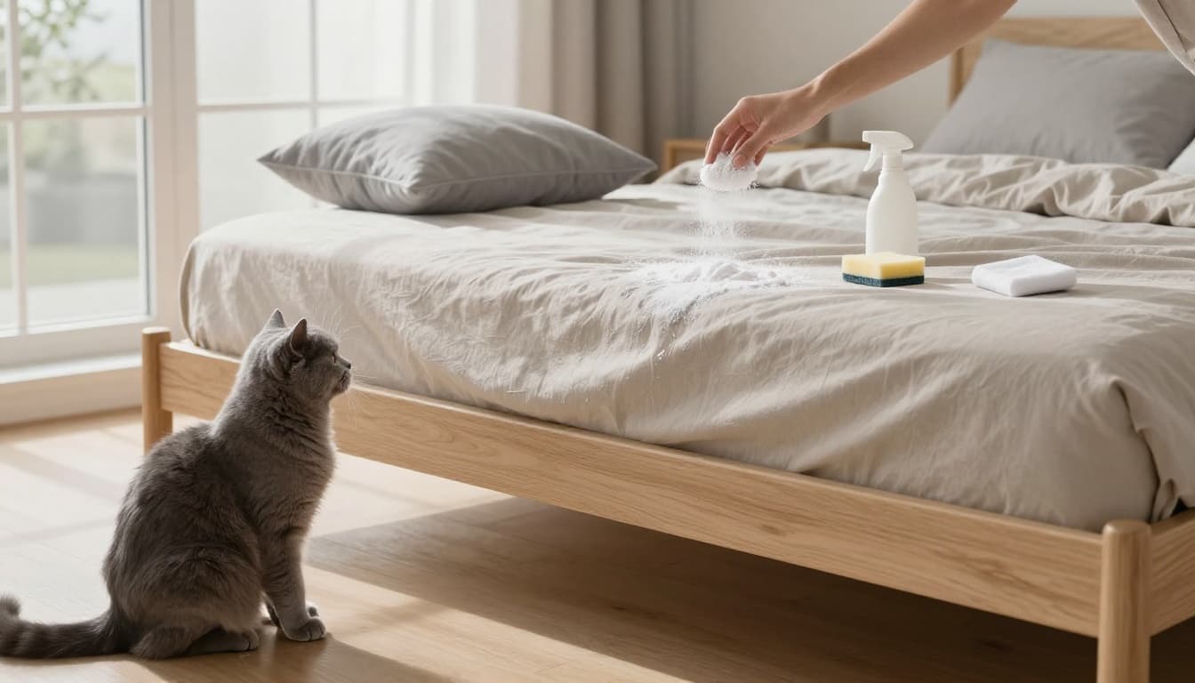 In a minimalist Scandinavian bedroom, a hand sprinkles baking soda on a damp mattress spot with sponge and spray bottle nearby, while a fluffy grey cat watches from the floor.