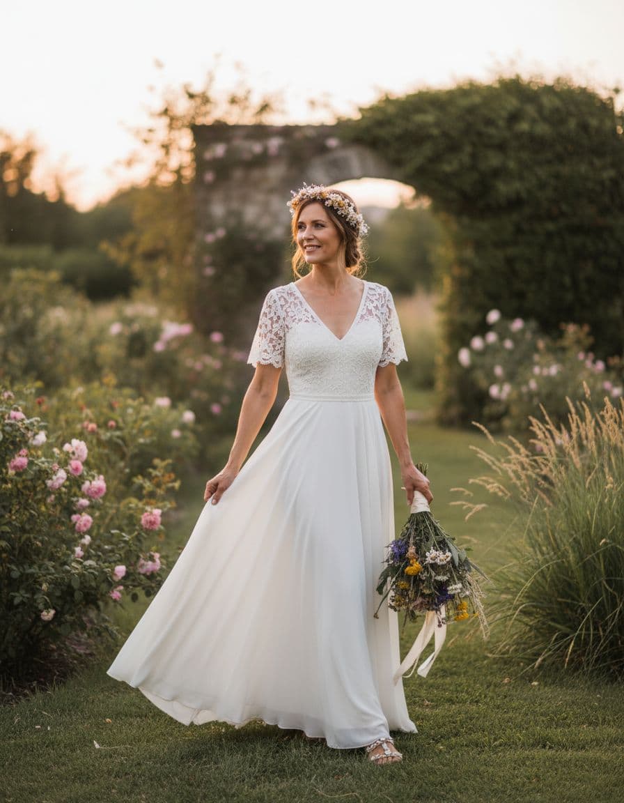 Mariée bohème mature au crépuscule, robe fluide épurée dans un jardin champêtre, ambiance douce et confiante