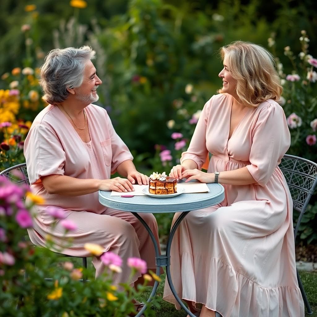 Couple bohème mature discutant dans un jardin fleuri au crépuscule, ambiance intime et chaleureuse