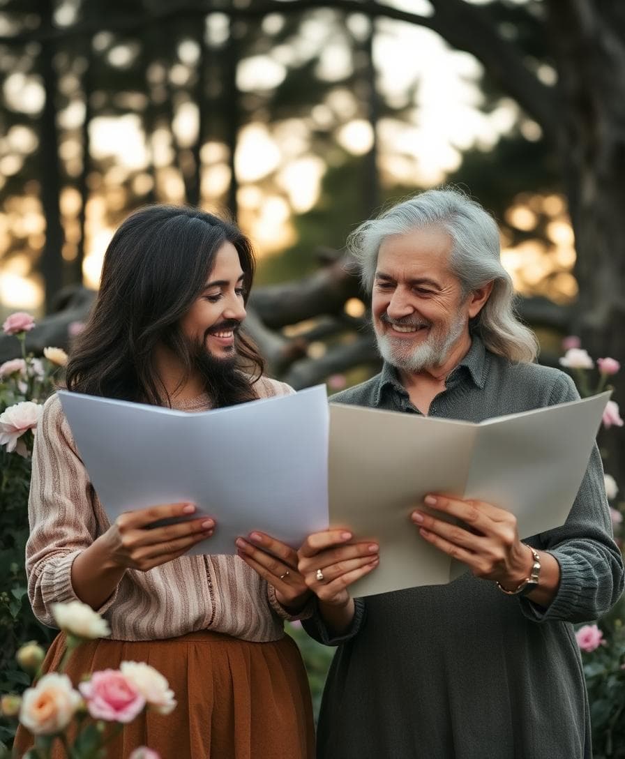 Couple bohème plus mature relisant des documents dans une lumière douce