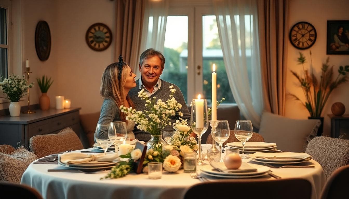 Couple mature célébrant leurs noces de nickel à la maison, dîner intime bohème, bougies argentées et fleurs sauvages