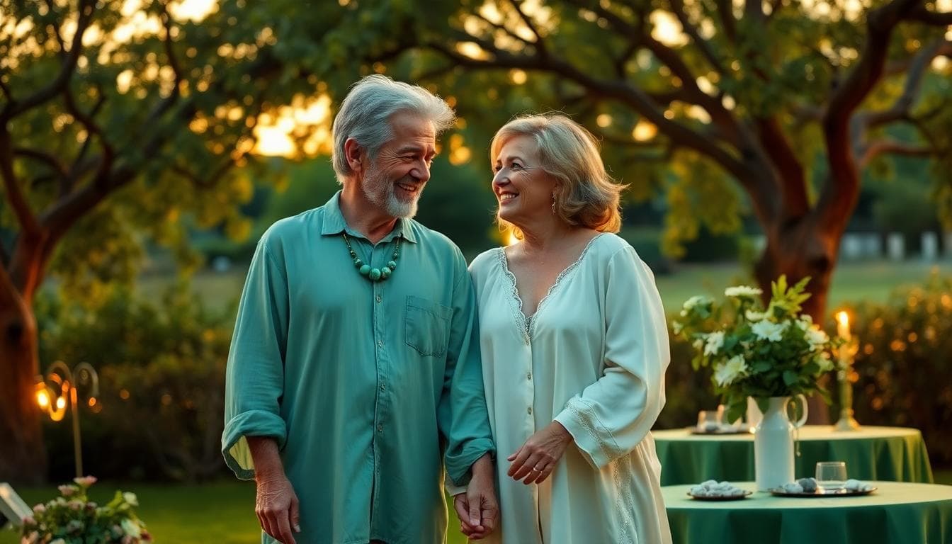 Couple mature célébrant leurs 40 ans de mariage dans un jardin, ambiance émeraude et bohème