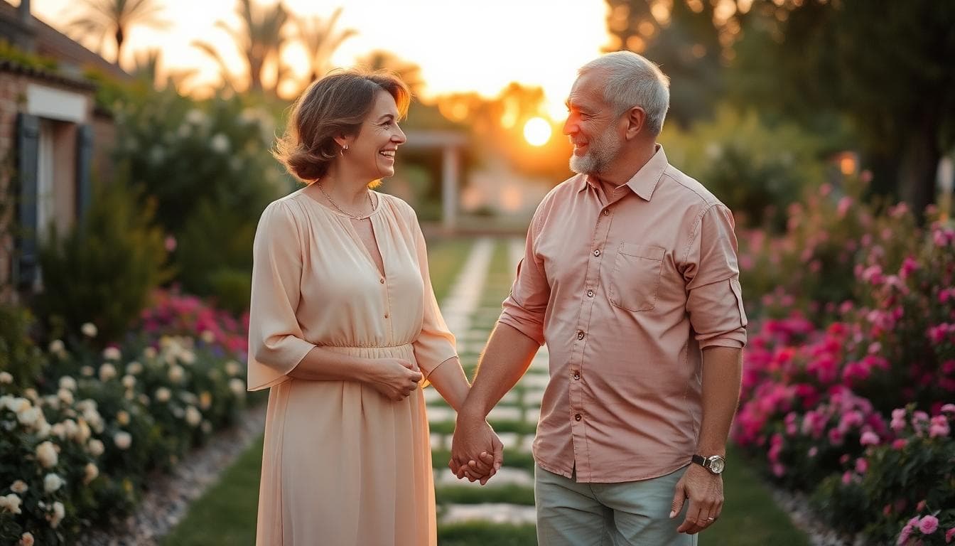 Couple mature célébrant leurs 45 ans de mariage au coucher du soleil, ambiance douce et intemporelle