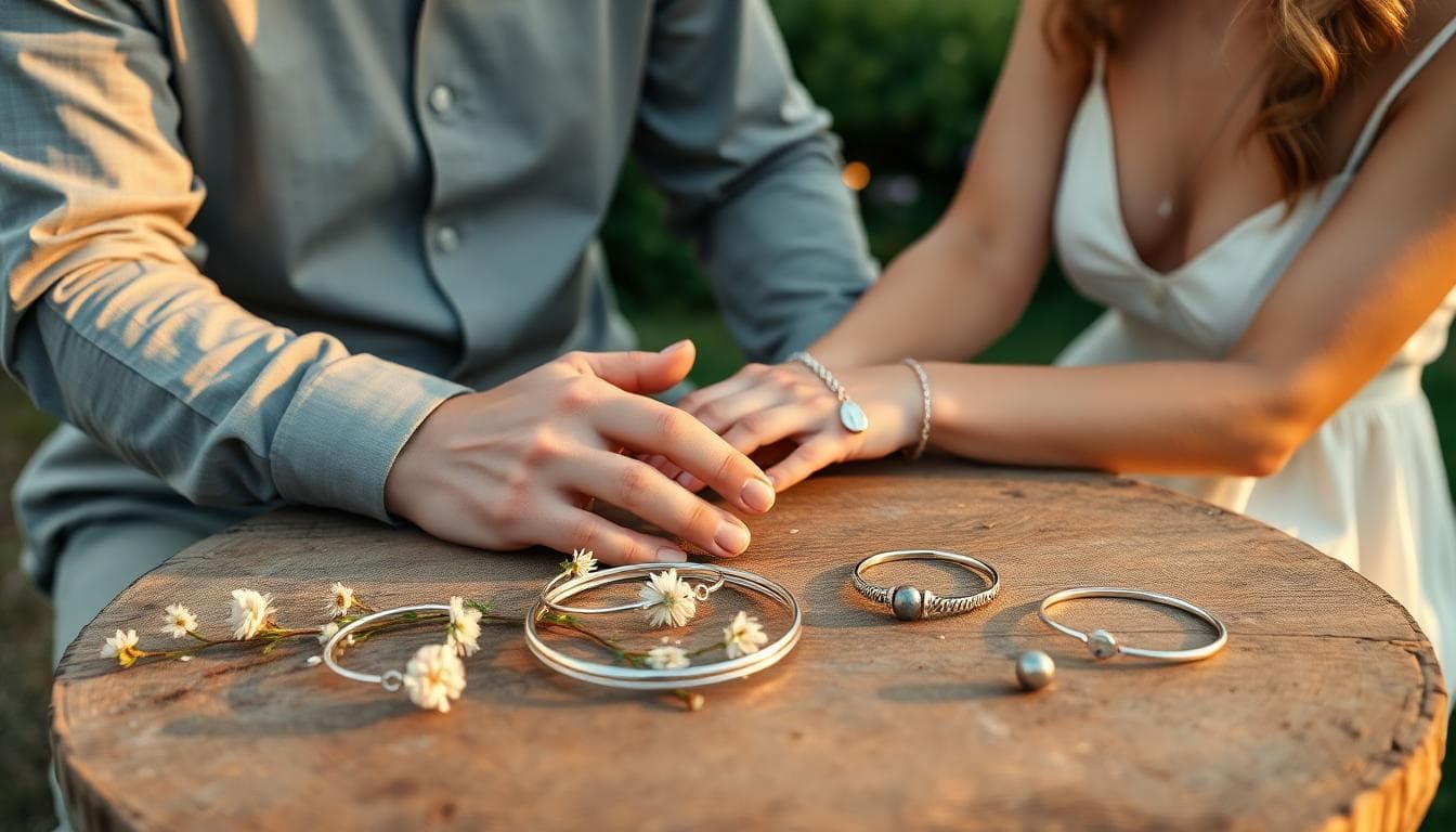 Couple bohème échangeant des bijoux argentés dans un jardin au crépuscule, collier fin et bracelet jonc visibles au premier plan