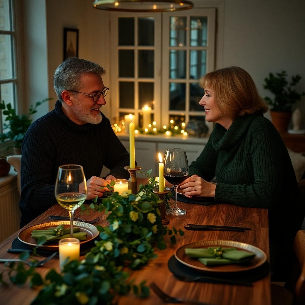 Un couple mature partage un dîner aux chandelles à la maison, accents verts émeraude sur la table, ambiance romantique bohème, éclairage doux, table avec fleurs fraîches eucalyptus et hortensias verts, bougies allumées.