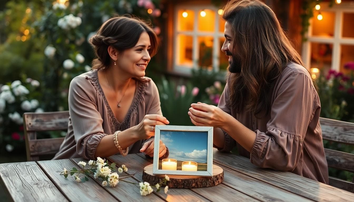 Couple bohème échangeant des cadeaux symboliques en nickel dans un jardin au crépuscule