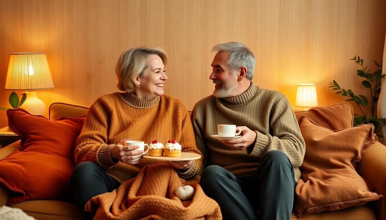 Couple mature partageant un thé dans un salon chaleureux, coussins en velours terracotta et or, ambiance bohème cocooning, bougies et lumière tamisée